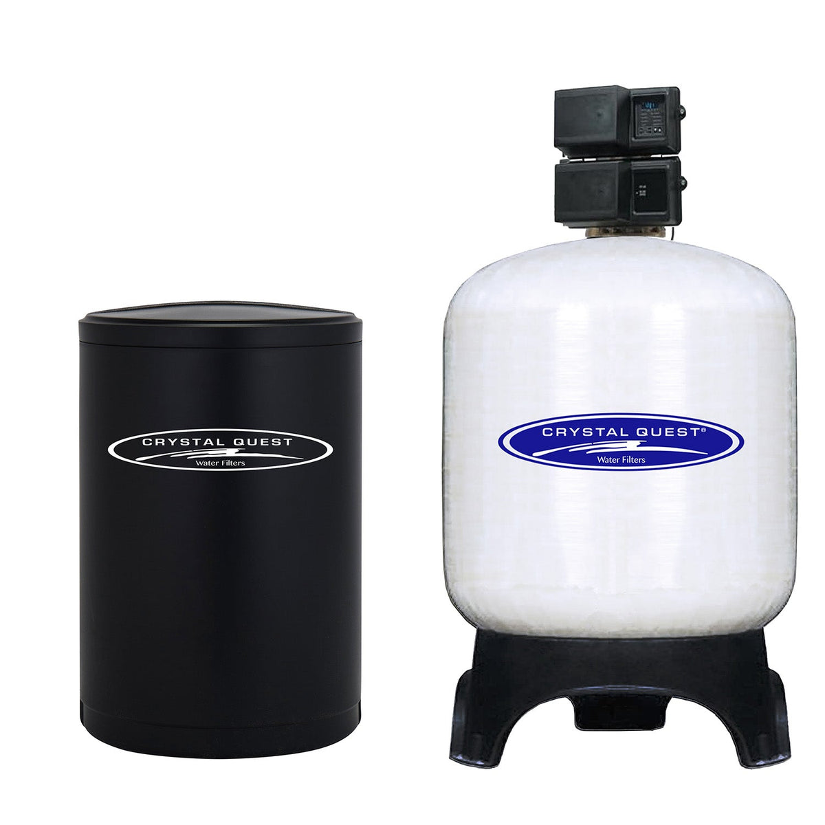 Short wide white filter cartridge with a square black top fitting beside a black protective cover.