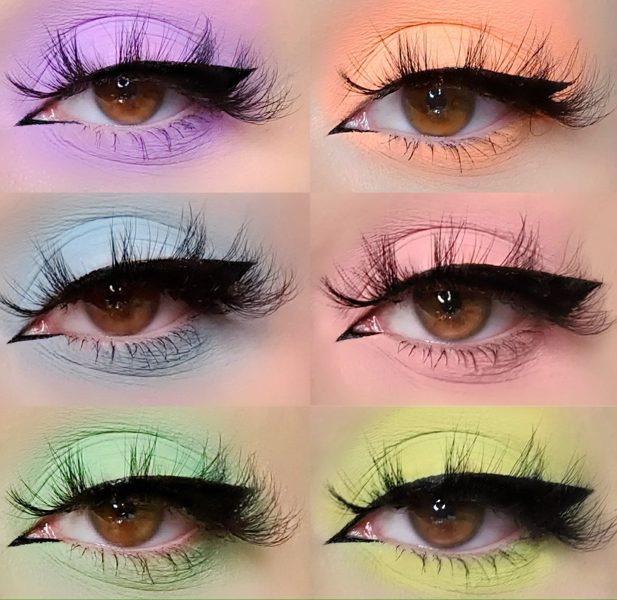 Photo collage of colorful graphic eye makeup.
