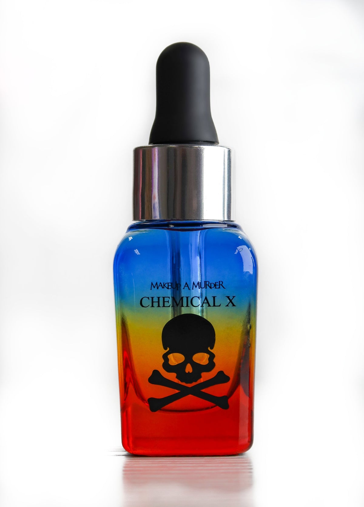Rainbow dropper bottle with skull label.