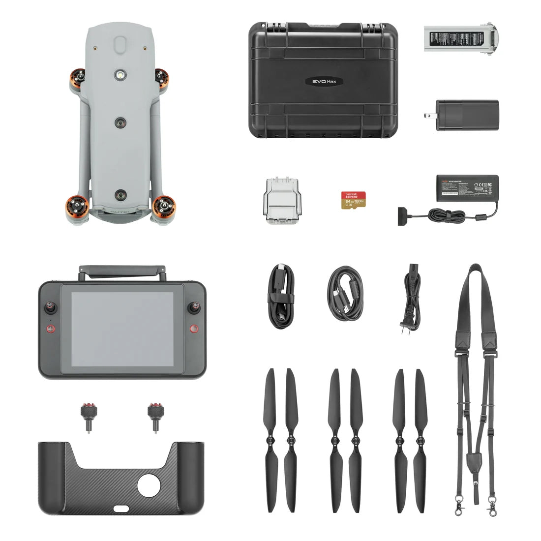 Gray drone kit with controller and accessories.