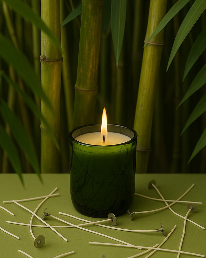 Lit candle beside green leaves.