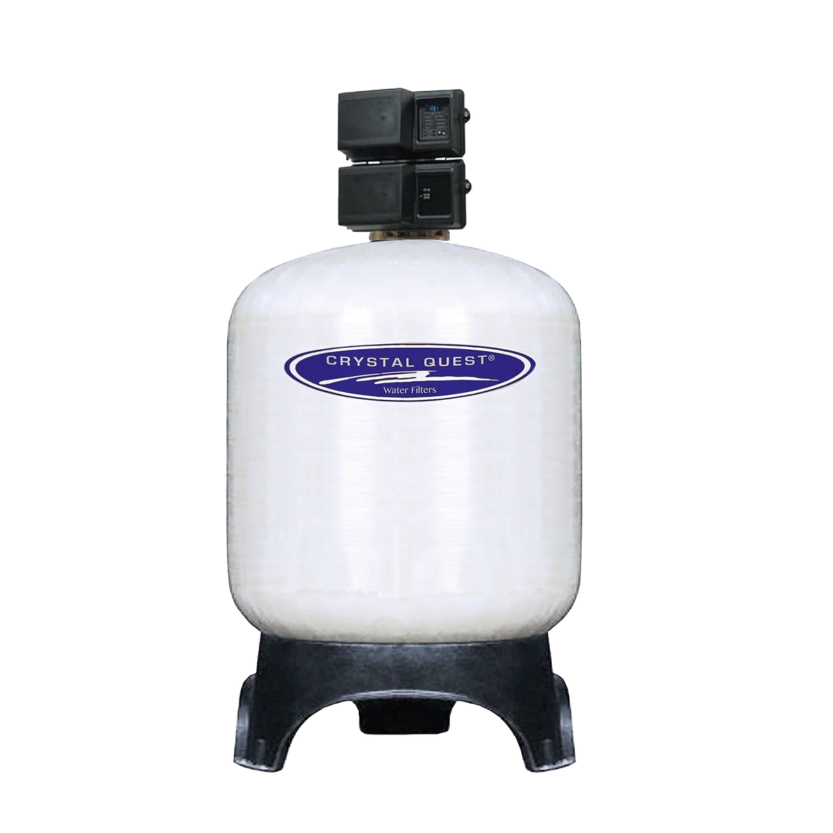 White cylindrical filter cartridge with a rounded shoulder with a square black top fitting and a black base.