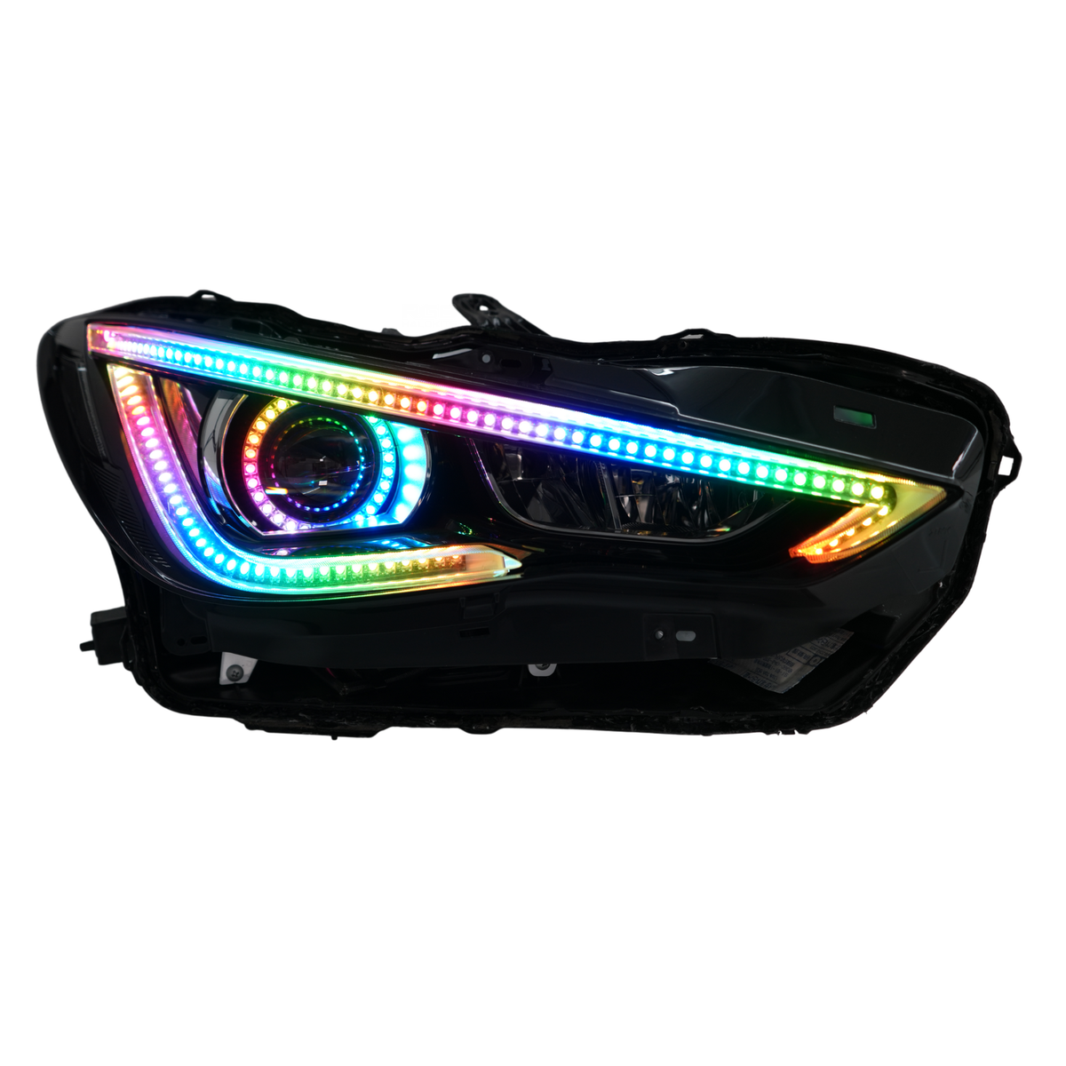 Headlight assembly with rainbow lighting.