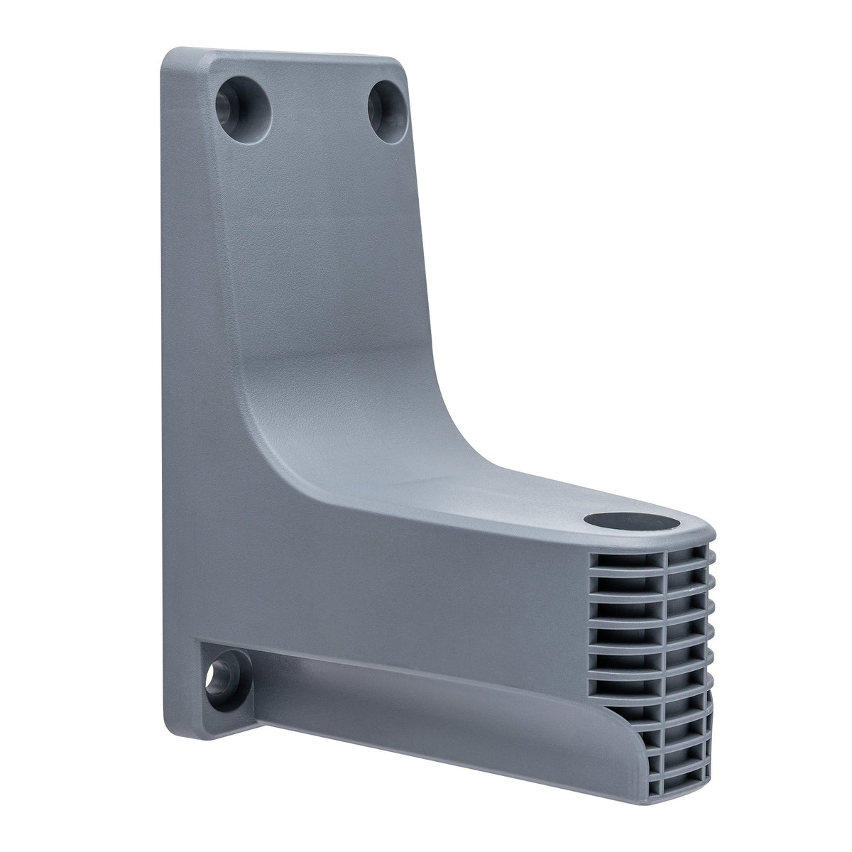 Rear angled view of gray hose reel wall bracket.
