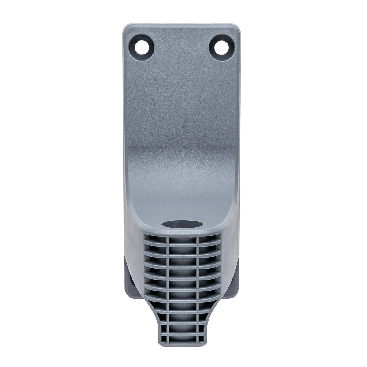Front view of gray hose reel wall bracket.