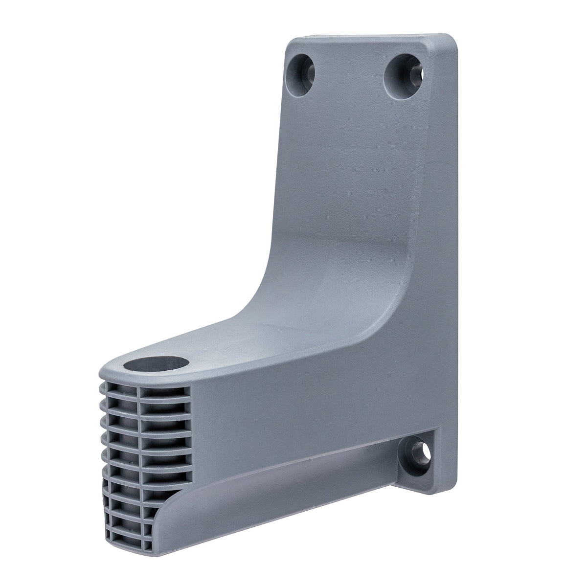 Angled view of gray hose reel wall bracket.