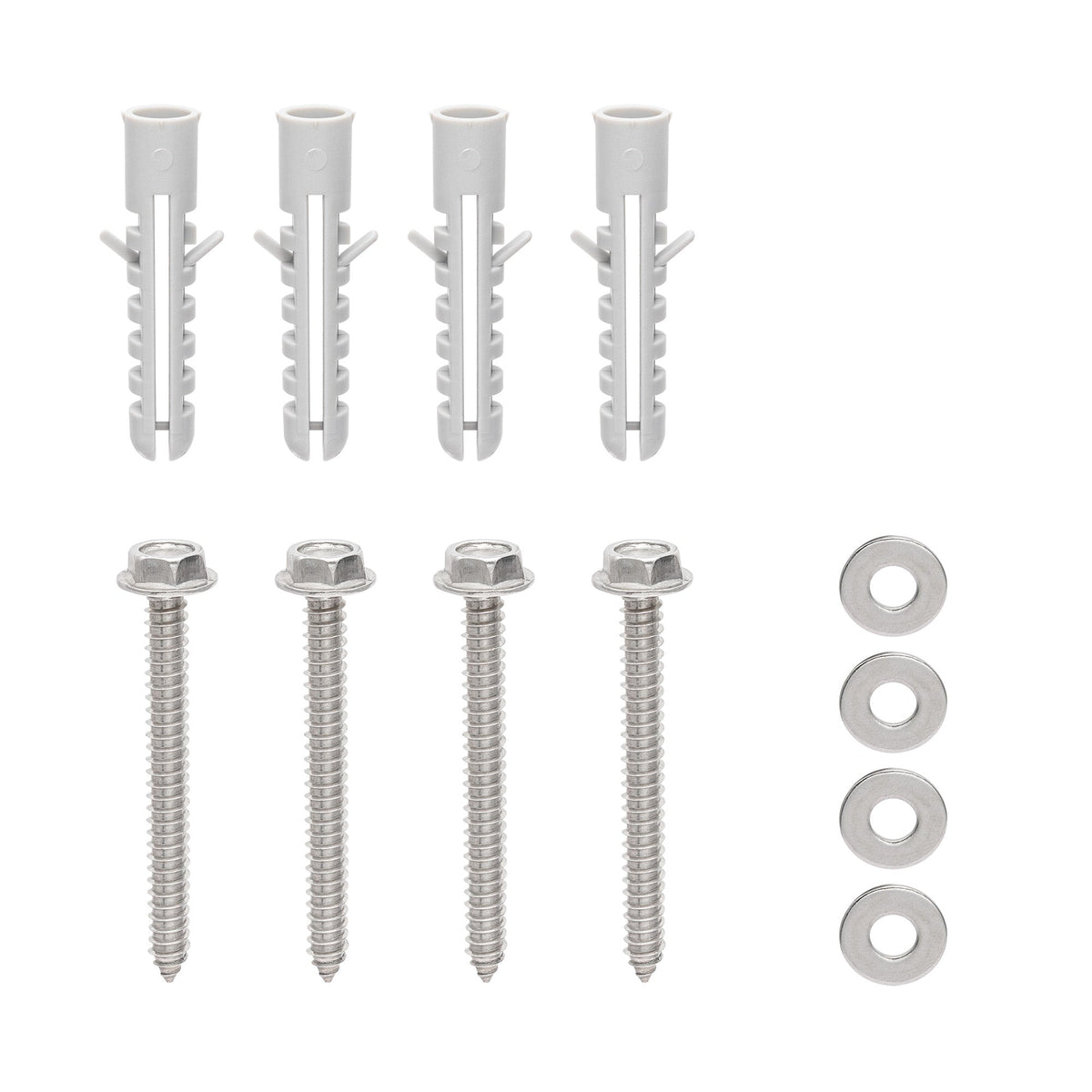 Wall-mount screws, plugs and washers.