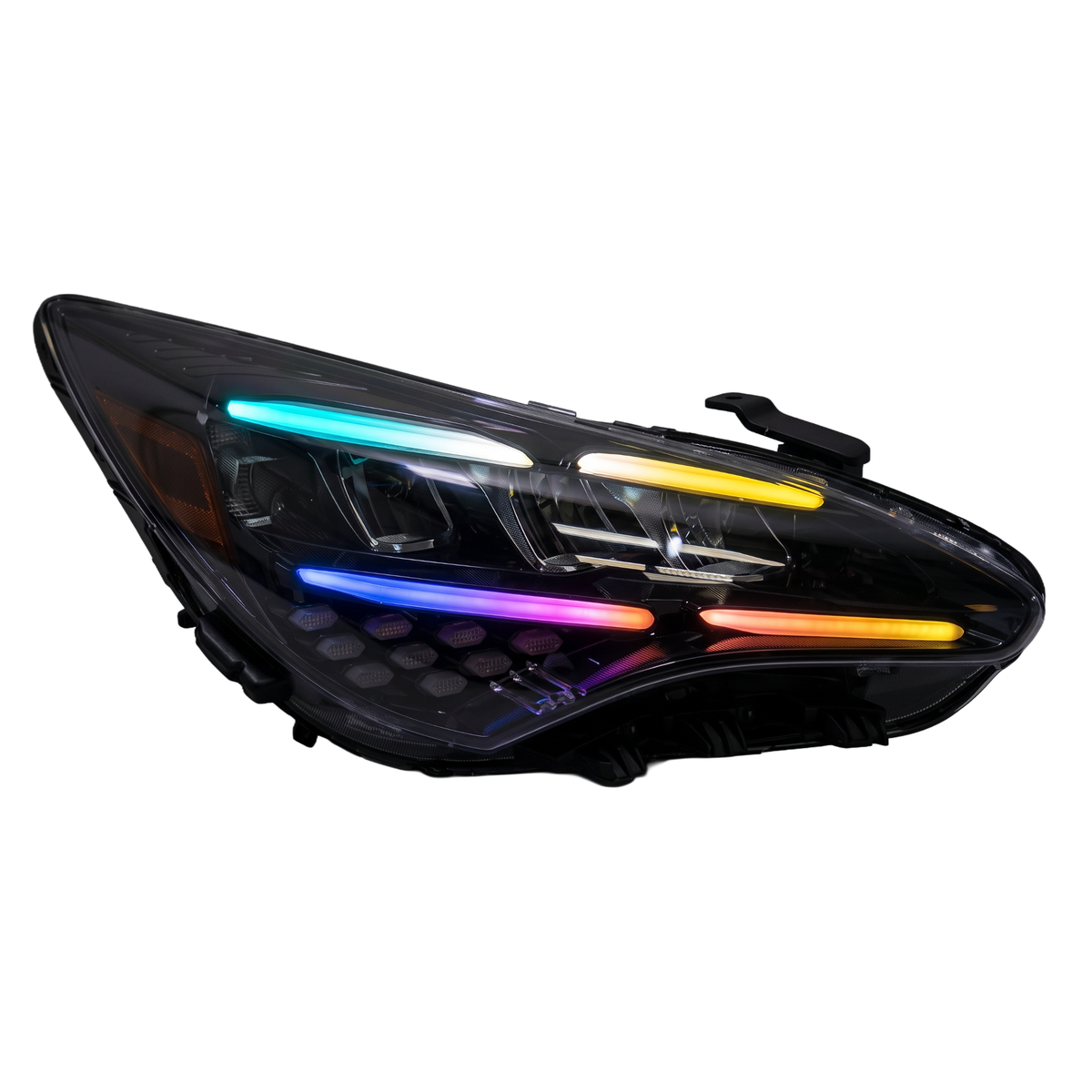 Single headlight assembly with rainbow strip.