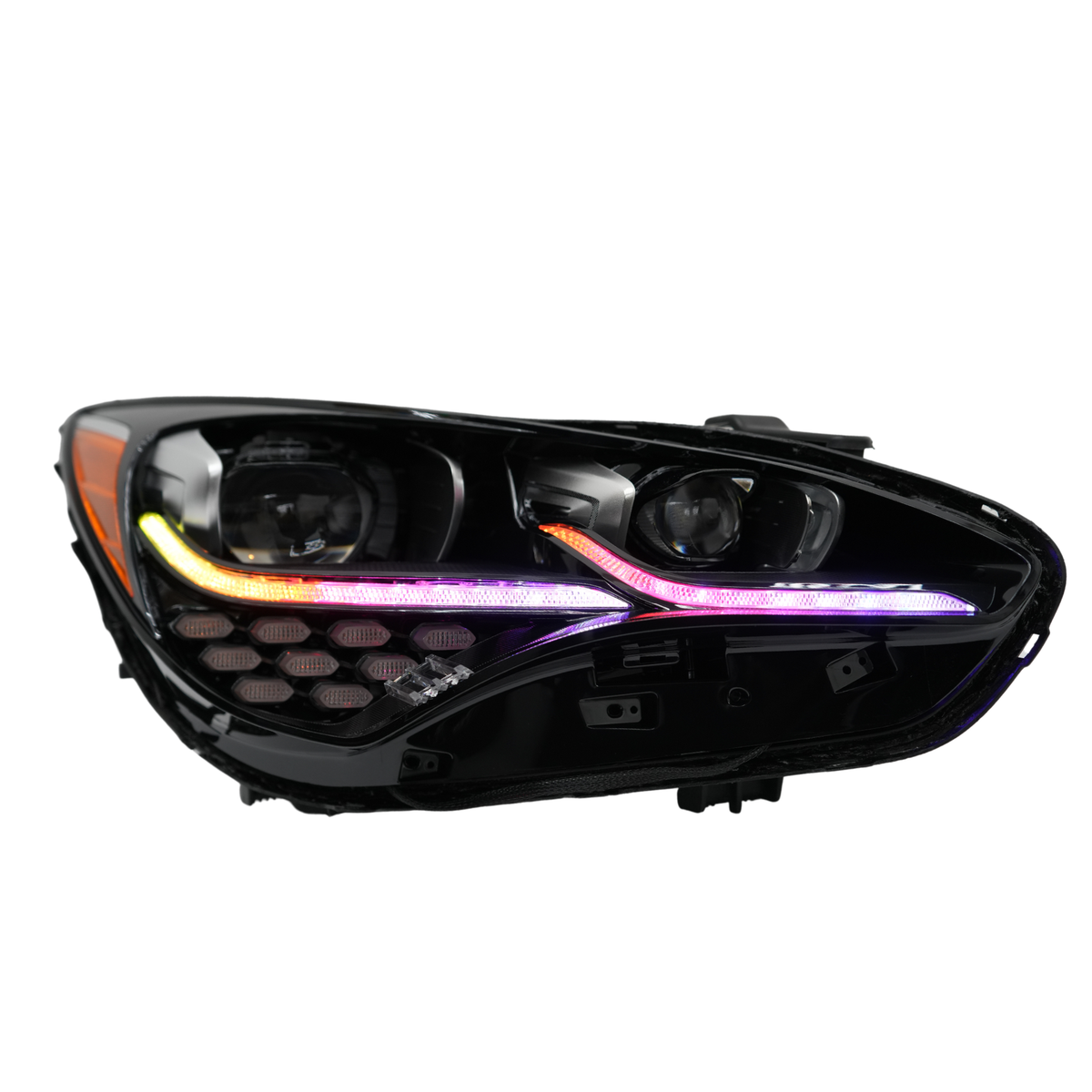 Single headlight assembly with rainbow strips and rings.