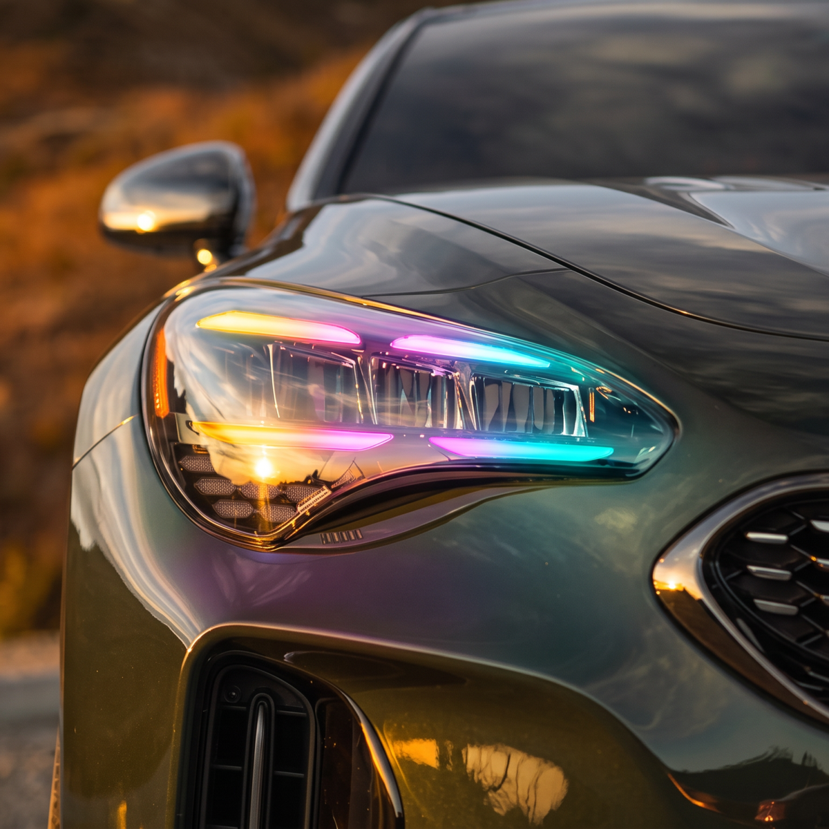 Close-up of rainbow headlight outlines on gray car.