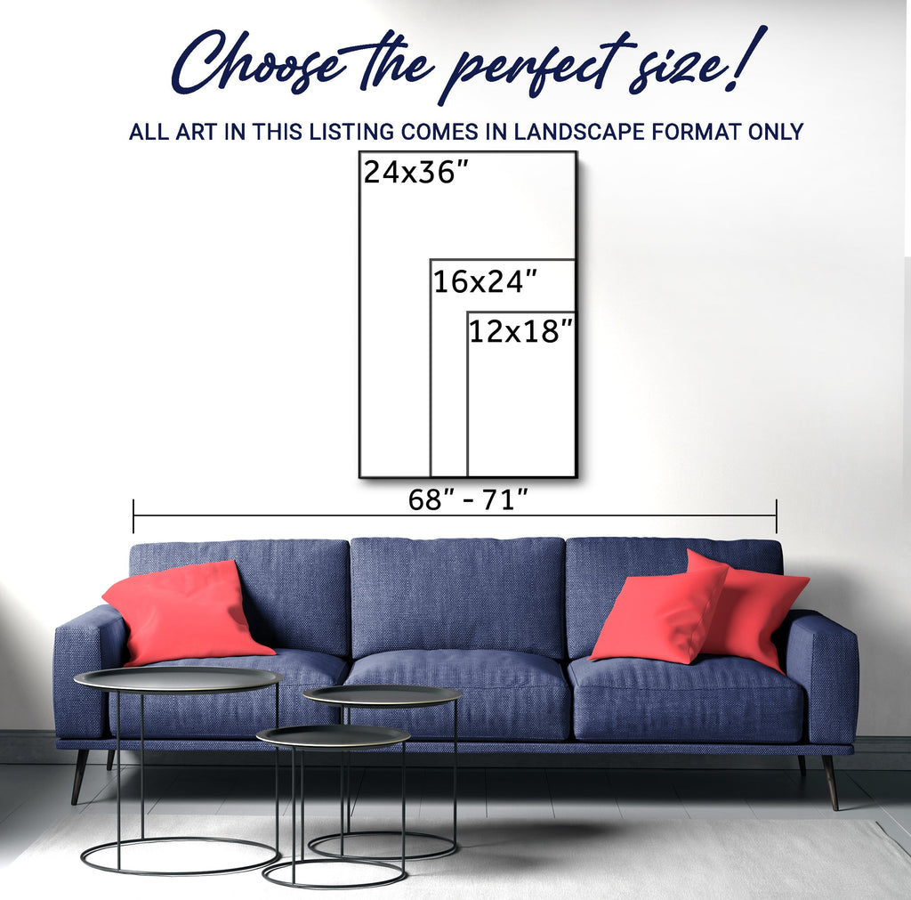 Canvas-size diagram showing 12 by 18, 16 by 24, and 24 by 36 inches above a sofa.