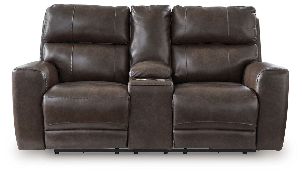 Brown two-seat reclining sofa.