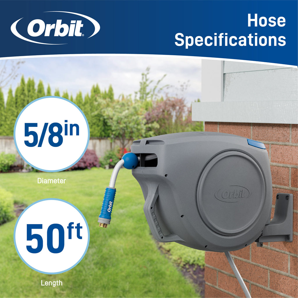 Orbit hose reel with hose size and length graphic.