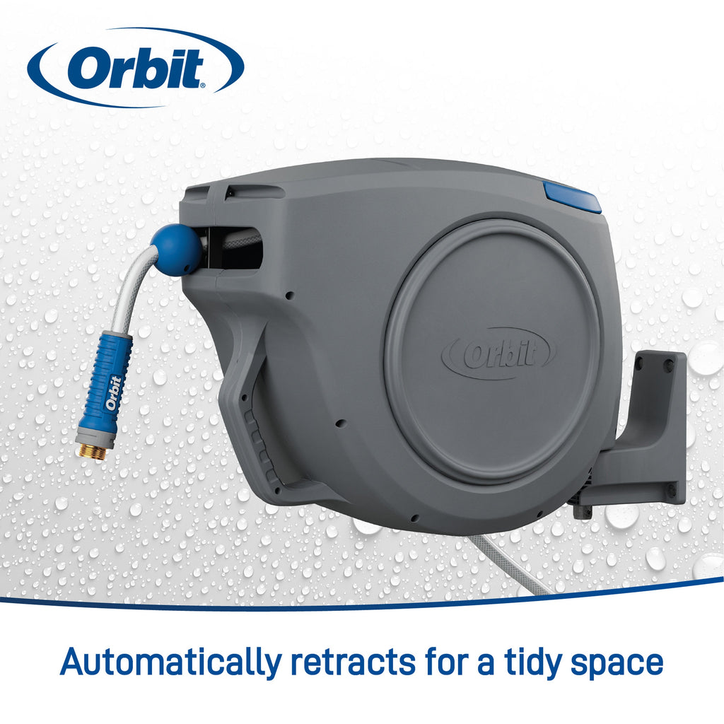 Hose reel with automatic retraction infographic.