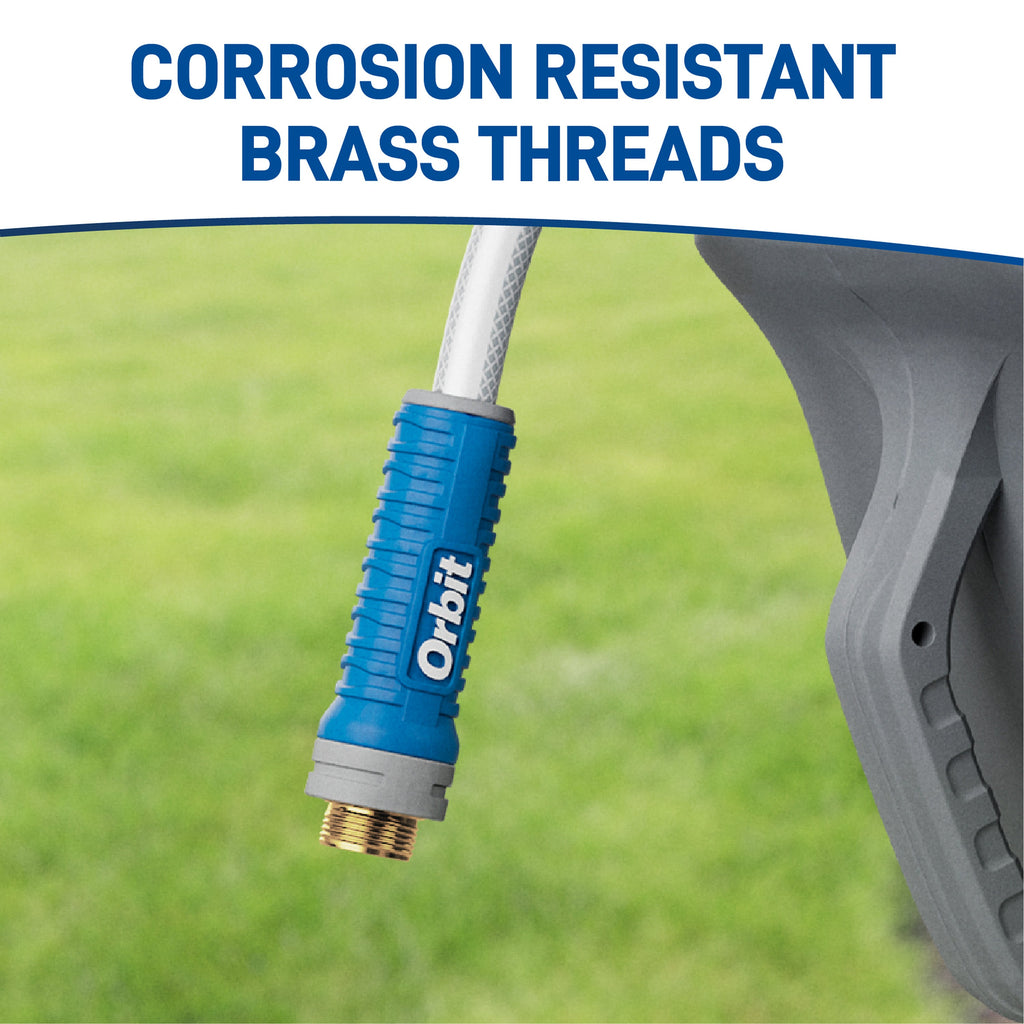 Close-up of brass hose fitting.