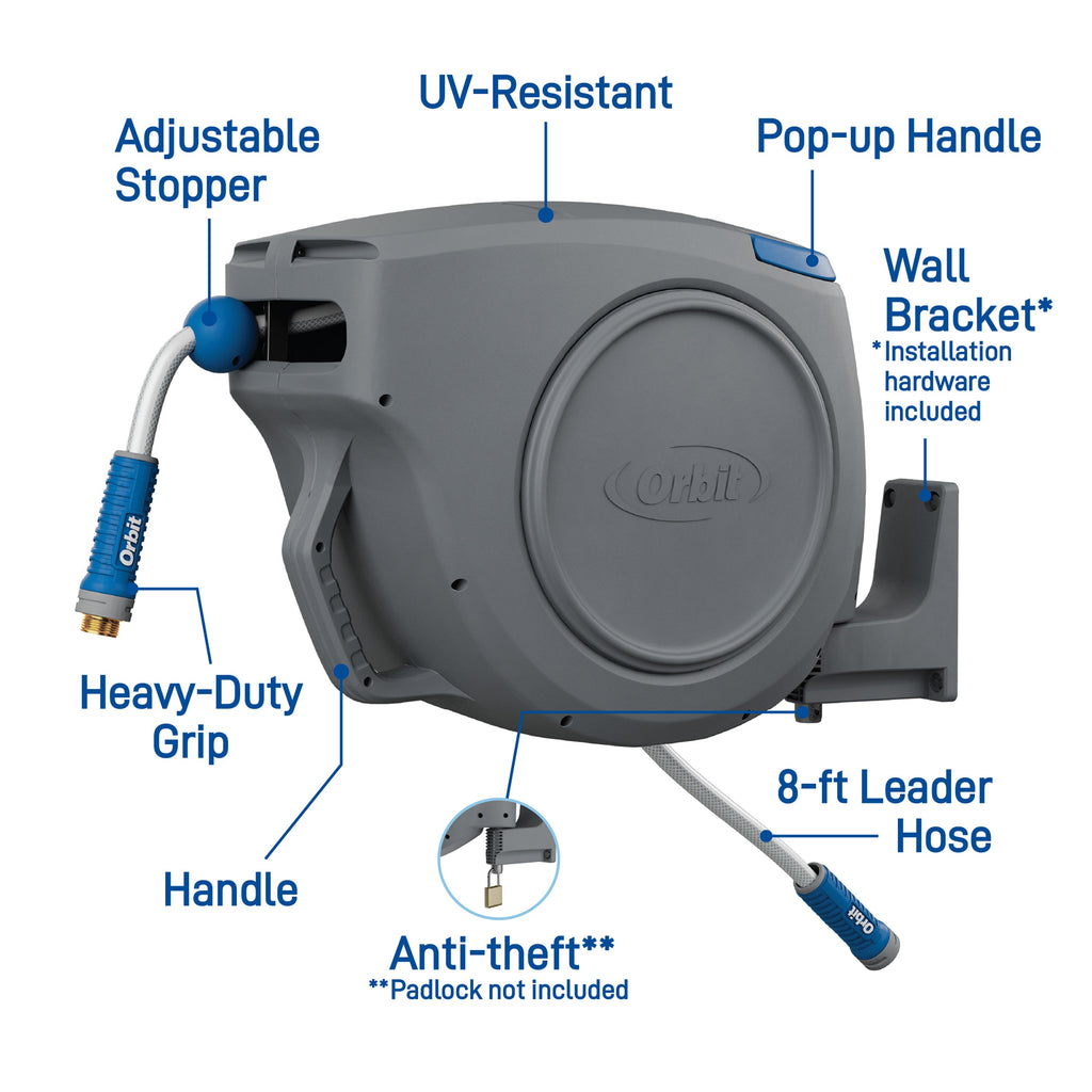 Hose reel with labeled mounting and handle features.