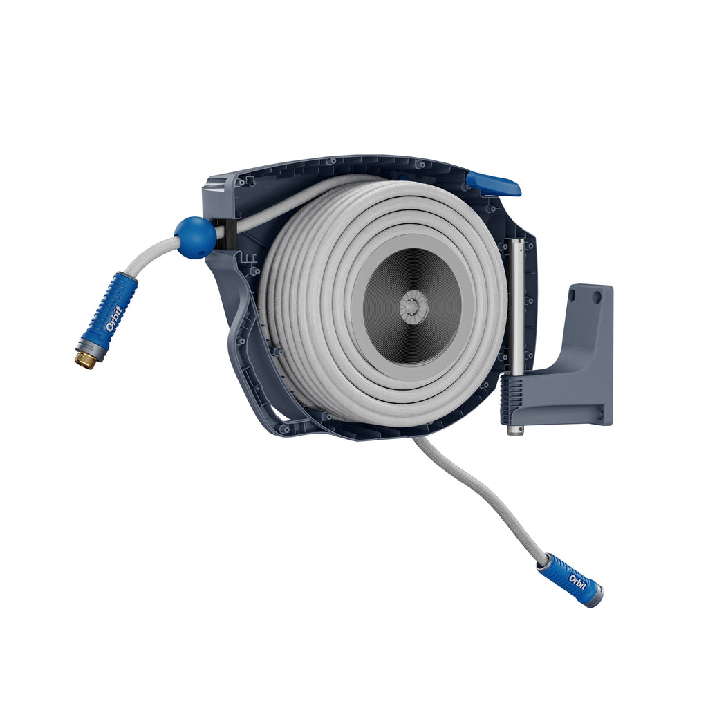 Hose reel with casing open to show internal coil.