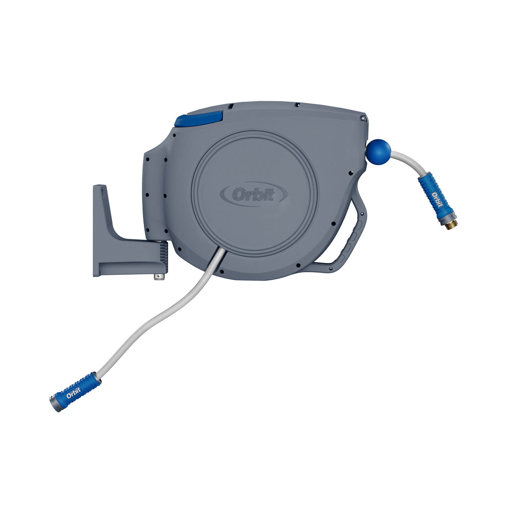 Hose reel with extended hose on white background.