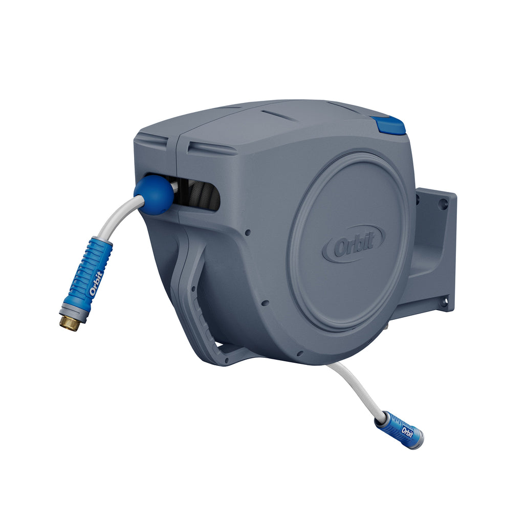 Gray retractable hose reel with blue fittings.