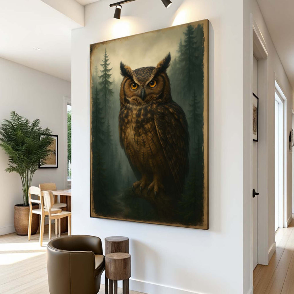 Owl portrait canvas displayed in a dining area.