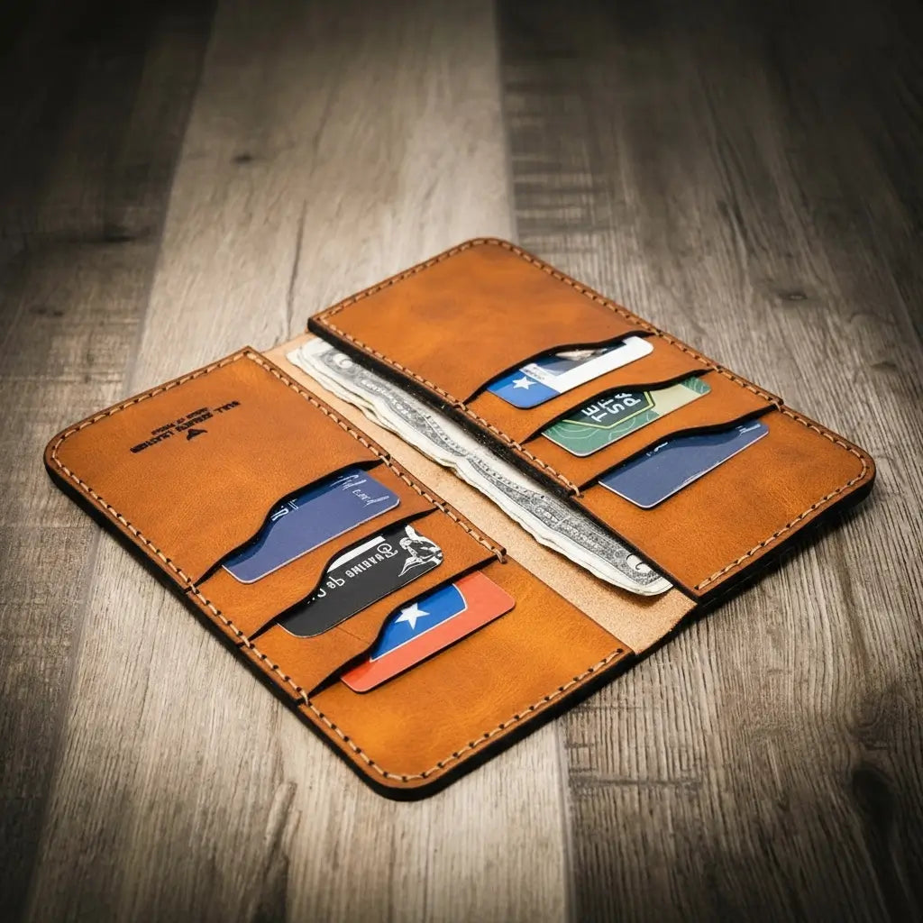 Open tan wallet displaying cards and banknotes.