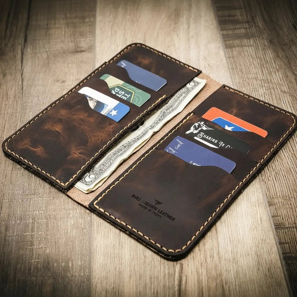 Open dark brown wallet displaying cards and banknotes.