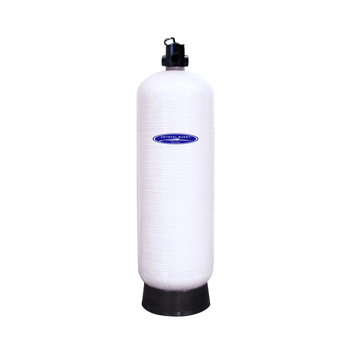 Long white cylindrical filter cartridge with a threaded black top fitting and a black base.