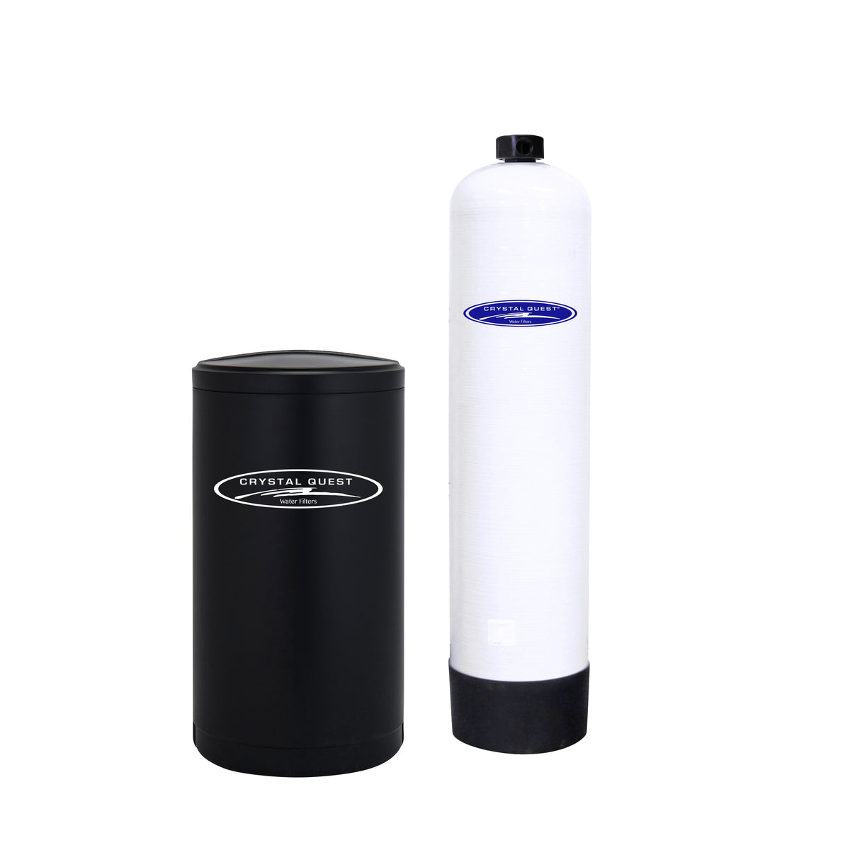 Long white filter cartridge with a small black top fitting beside a black protective cover.