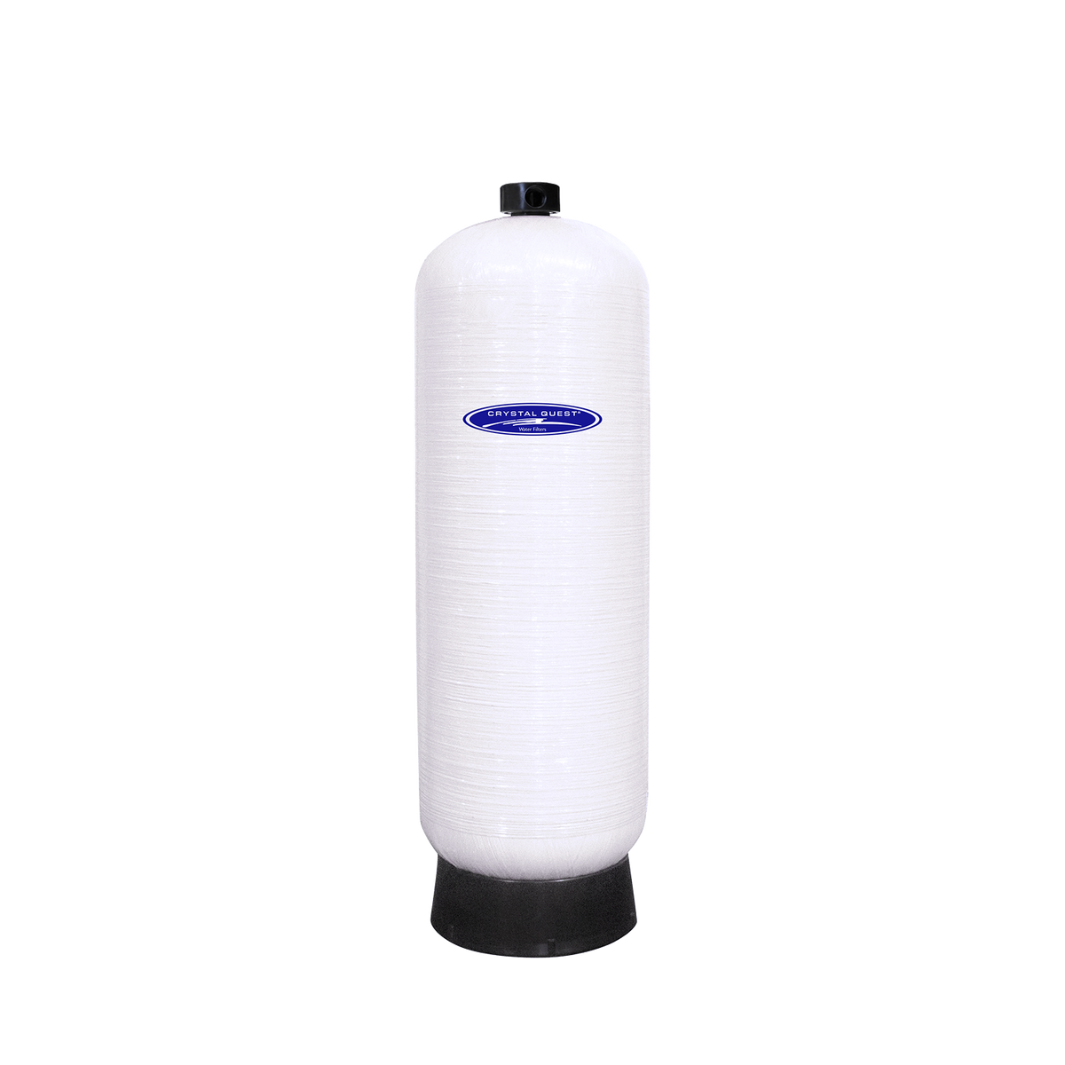 Long white cylindrical filter cartridge with a small top fitting and a black base.