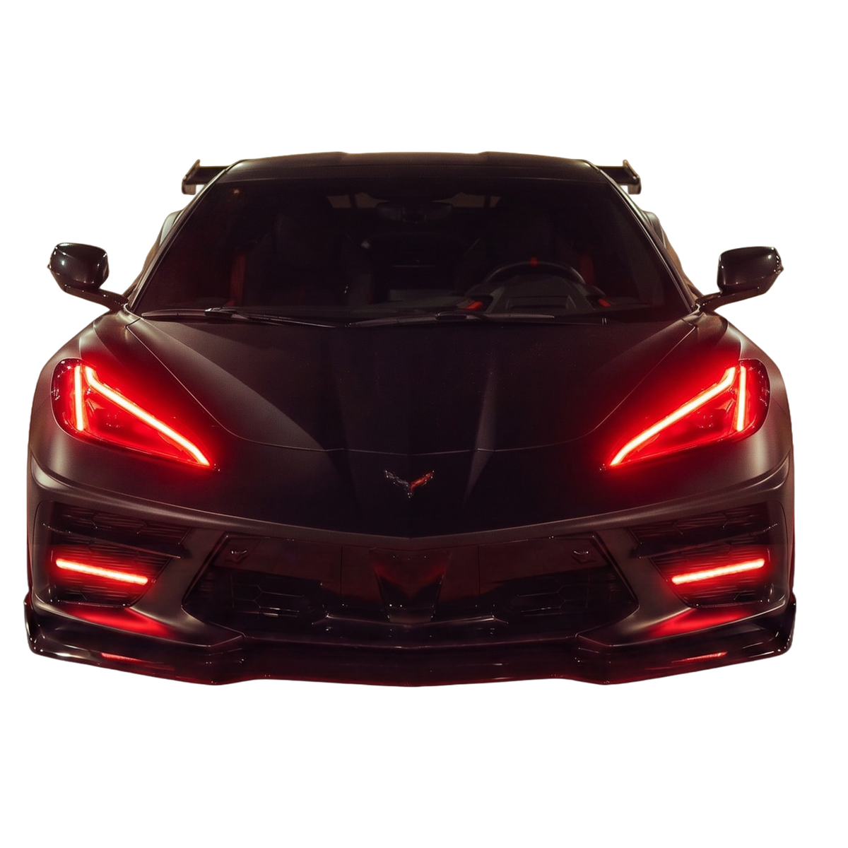 Black sports car with red headlight and bumper outlines.