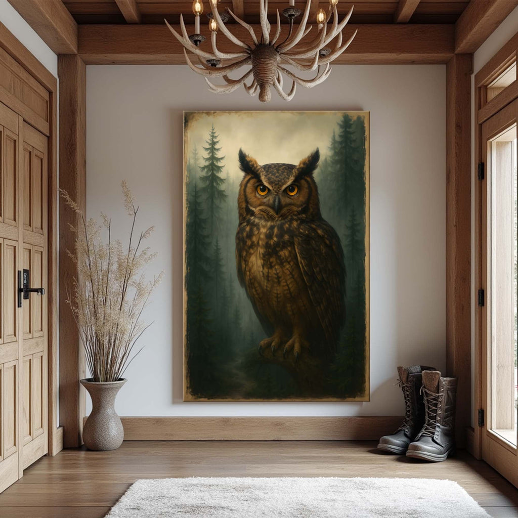 Owl portrait canvas displayed in a rustic cabinet.