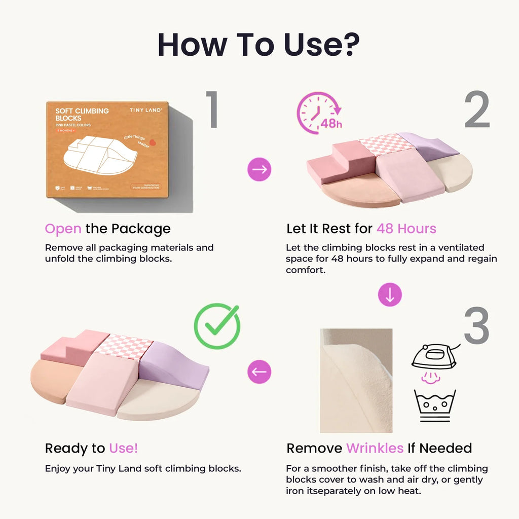 Graphic showing how to unpack and assemble foam play blocks.