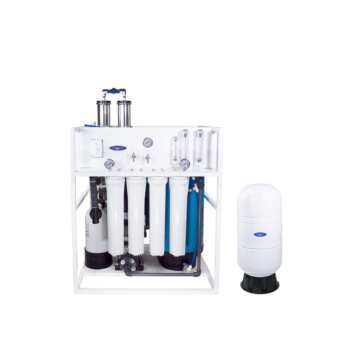 Large water filter assembly beside a white filter cylinder.