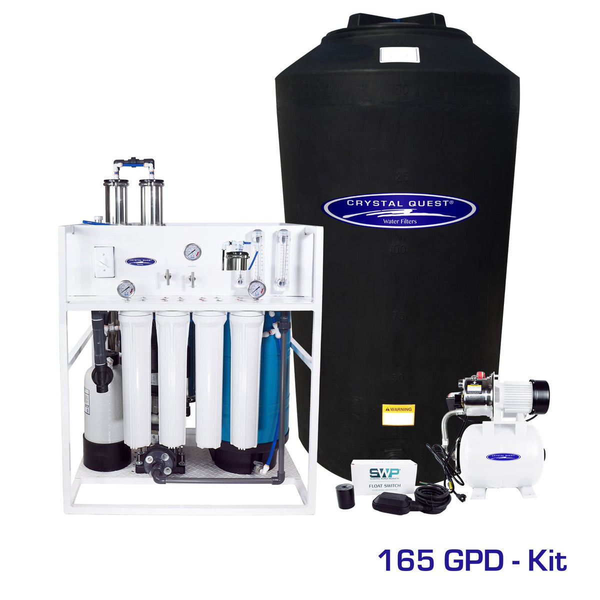 Water filtration kit with a black storage tank, filter assembly and fittings.