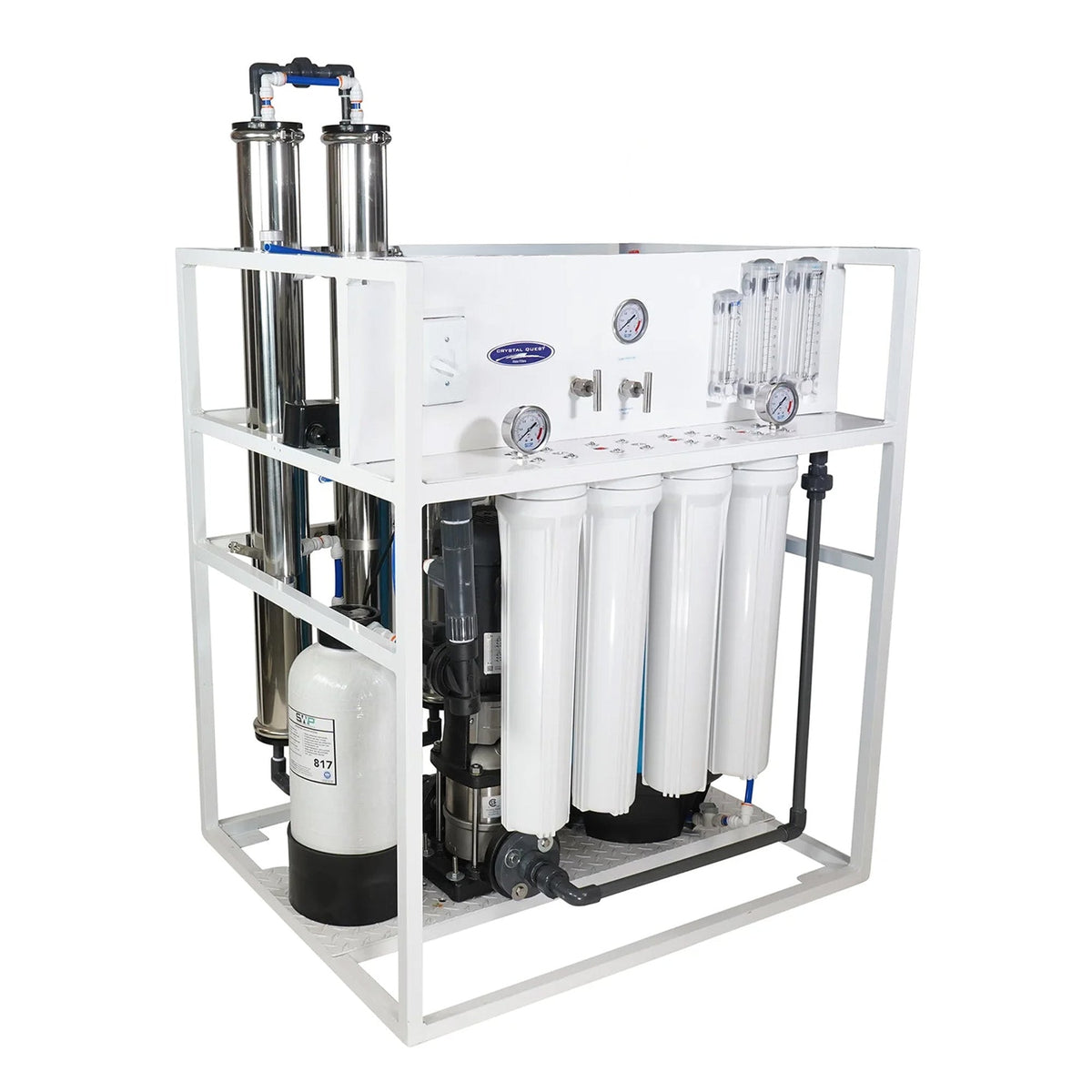 Large water filtration assembly with multiple cylinders, gauges and white filter housings.