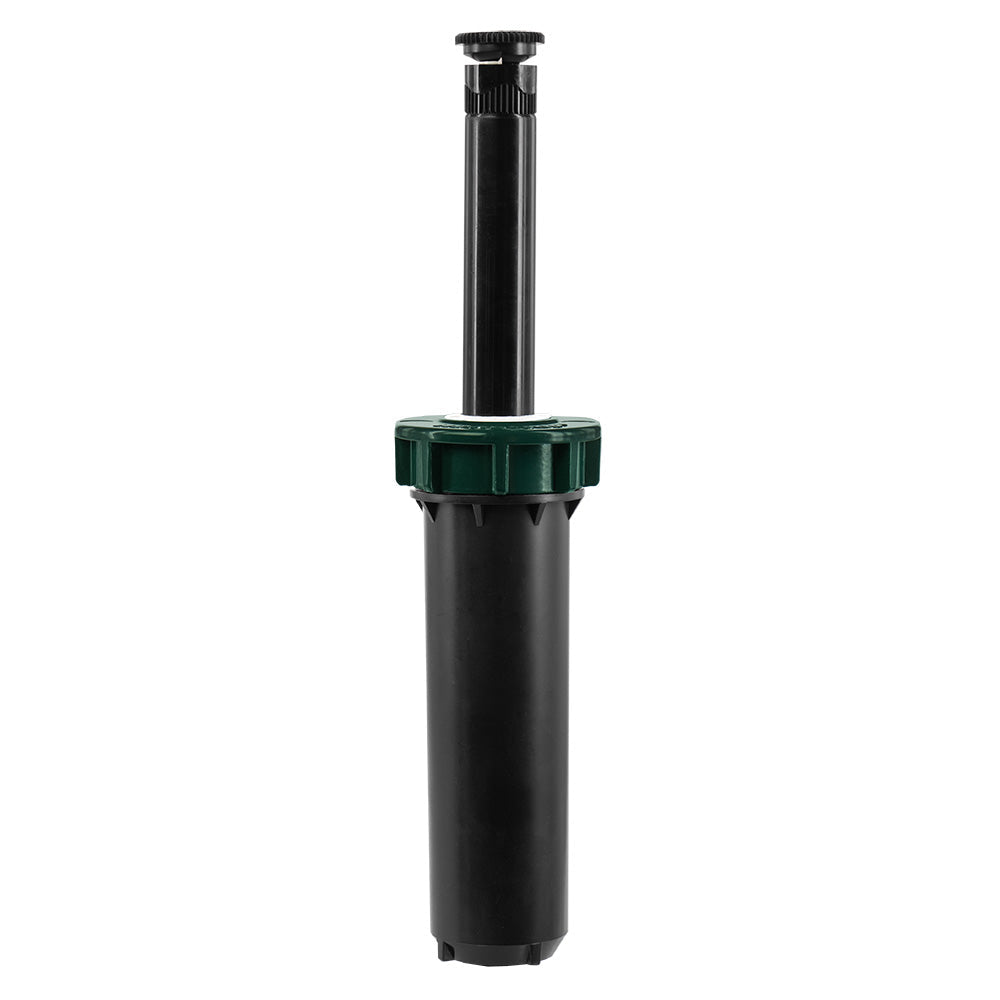 Extended black pop-up sprinkler with green collar.
