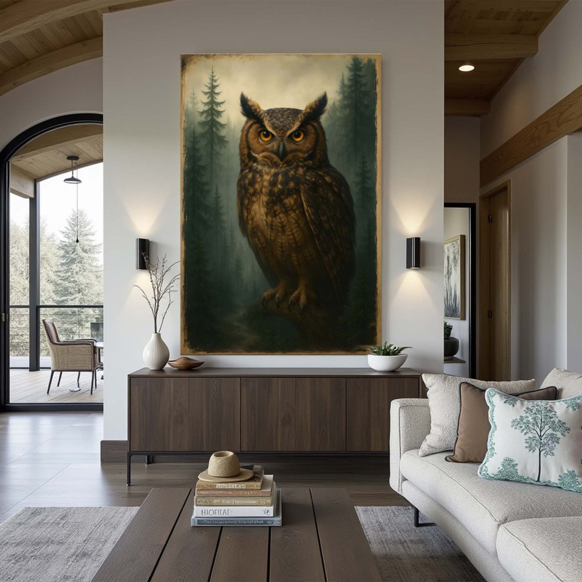 Owl portrait canvas displayed in a sideboard.