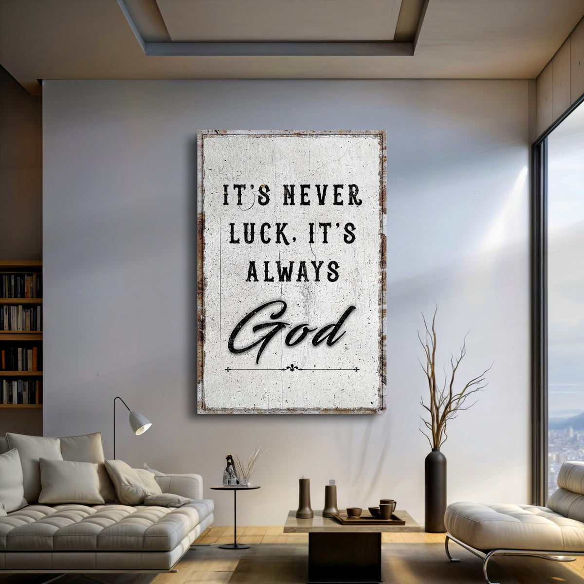 Distressed white It's never luck. It's always God canvas above a sofa.