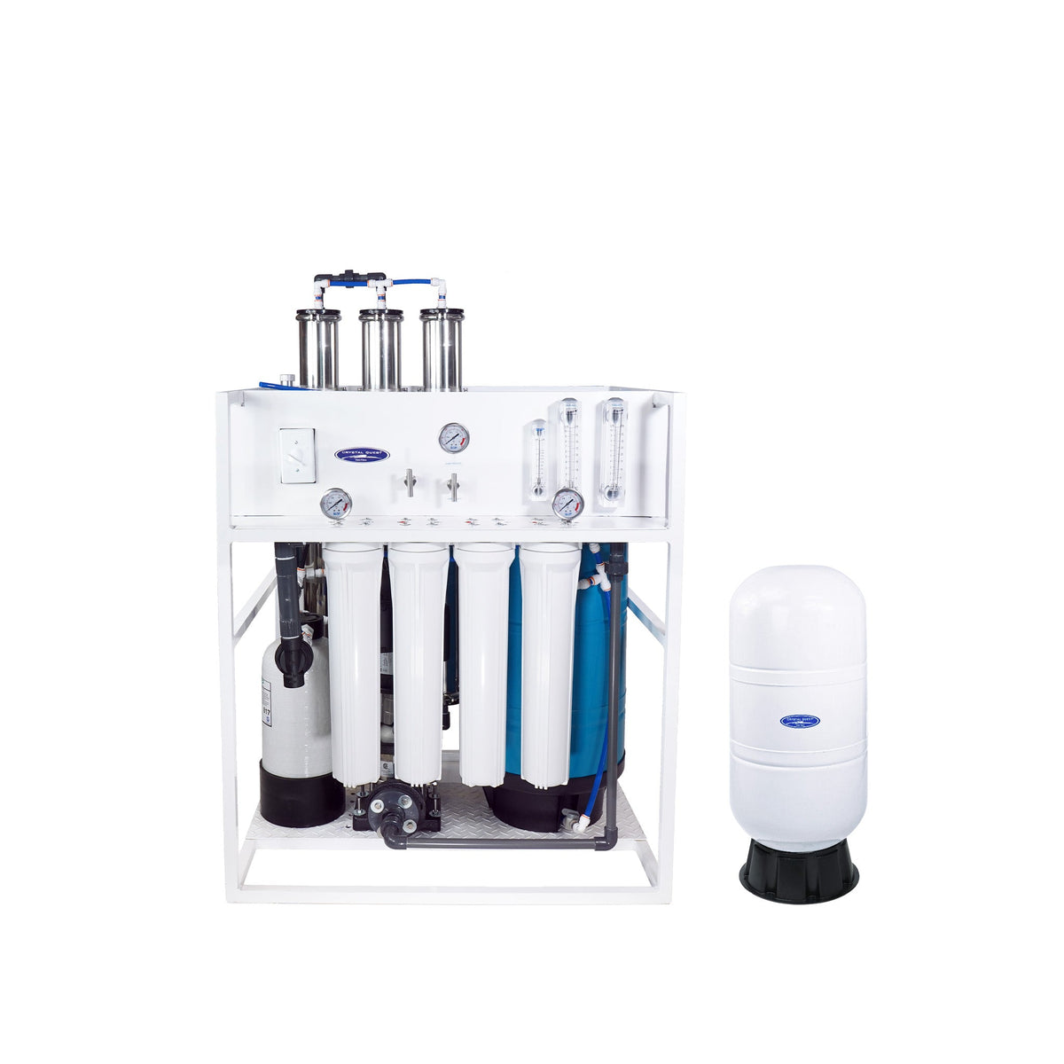 Large water filter assembly beside a white filter cylinder.