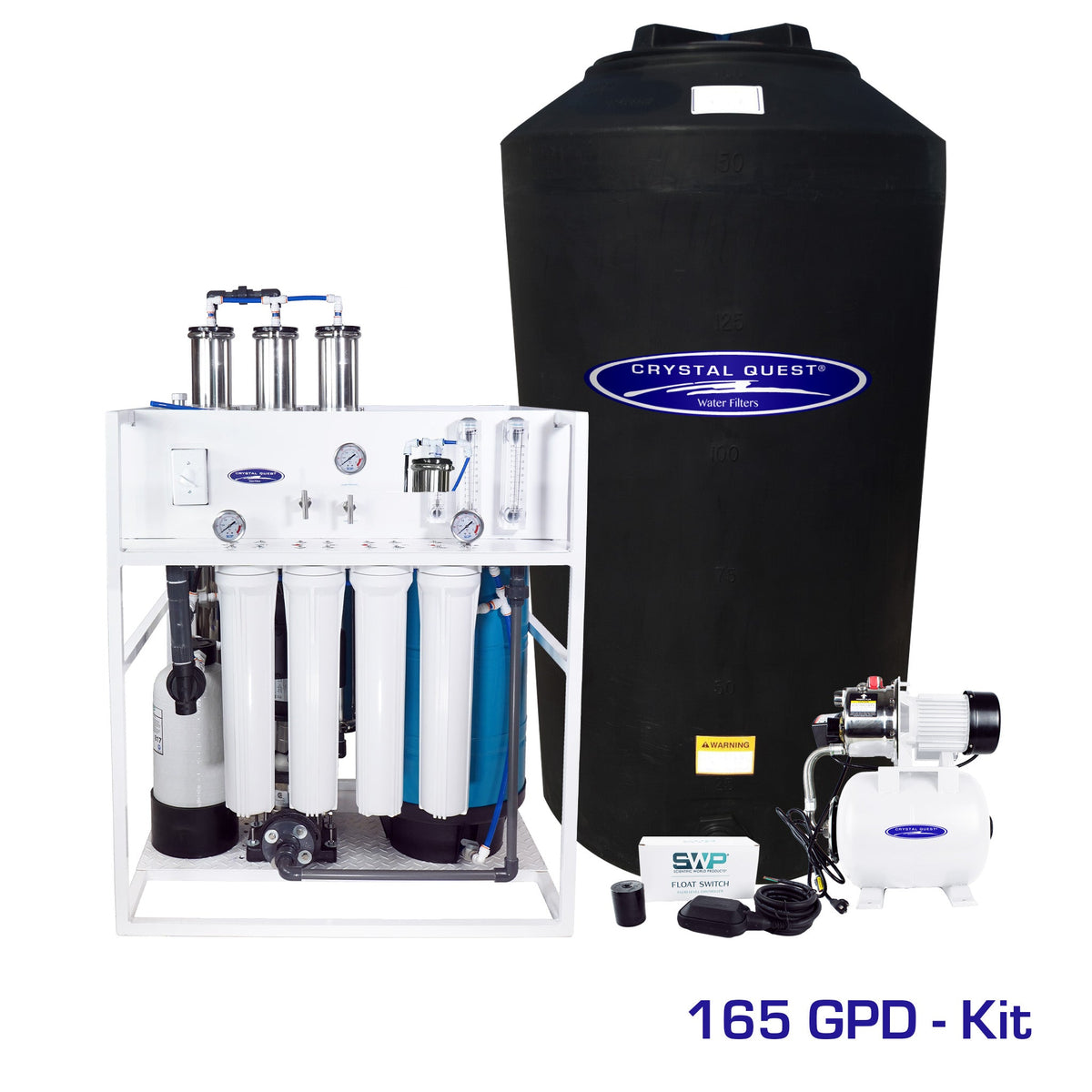 Water filtration kit with a black storage tank, filter assembly and fittings.
