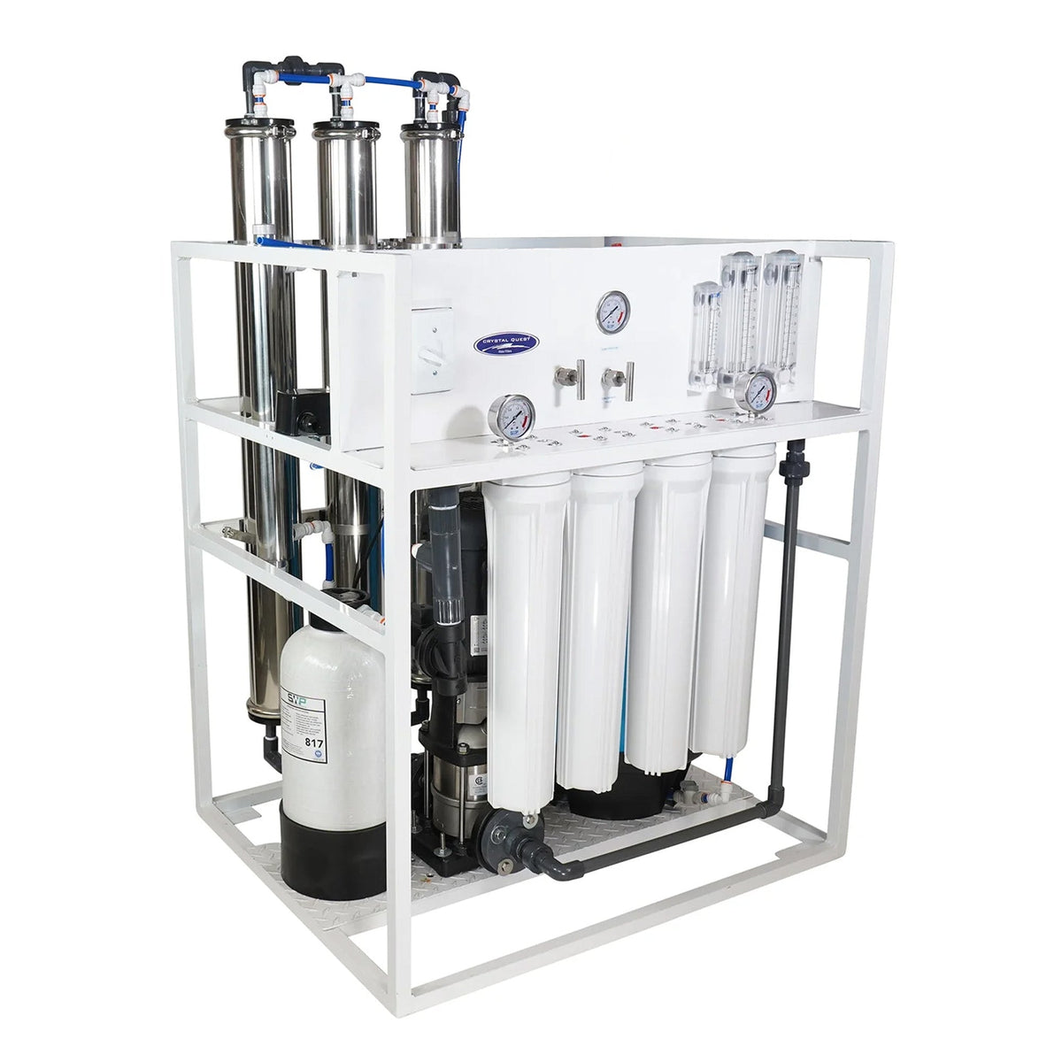 Large water filtration assembly with multiple cylinders, gauges and white filter housings.