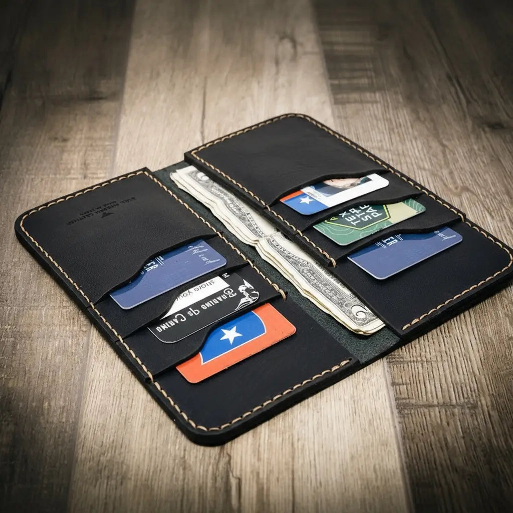 Open black wallet displaying cards and banknotes.