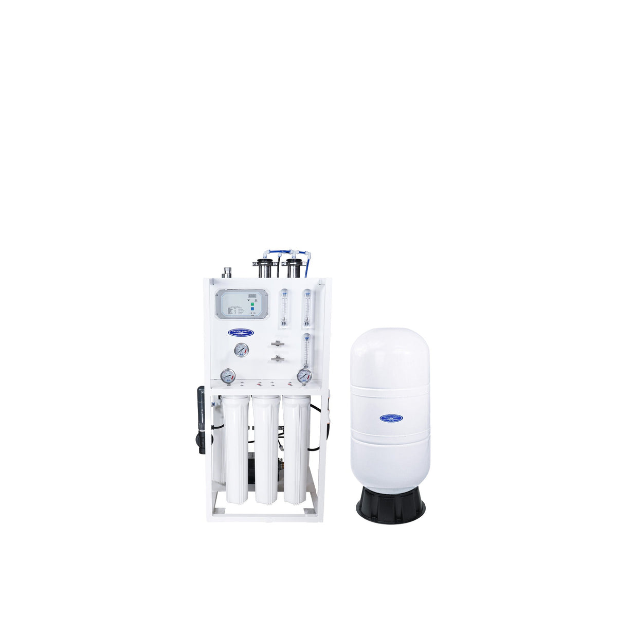 Compact water filter assembly beside a white filter cylinder.