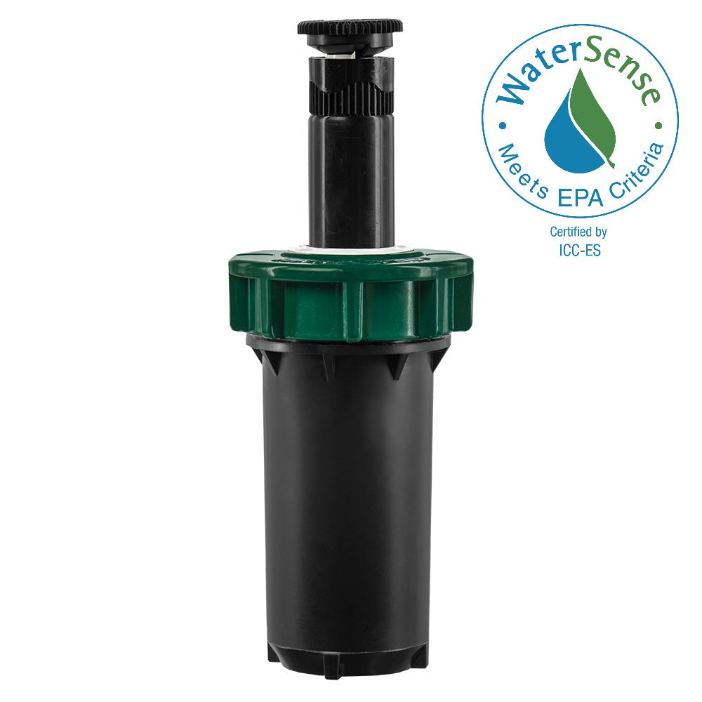 Black pop-up sprinkler with green collar and certification graphic.