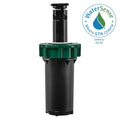 Black pop-up sprinkler with green collar and certification graphic.