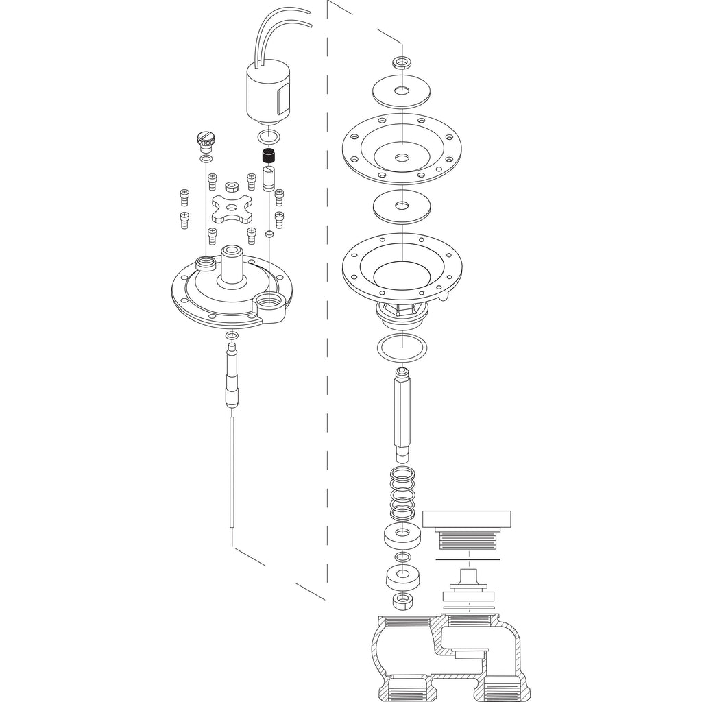 Exploded-view drawing of irrigation valve components.