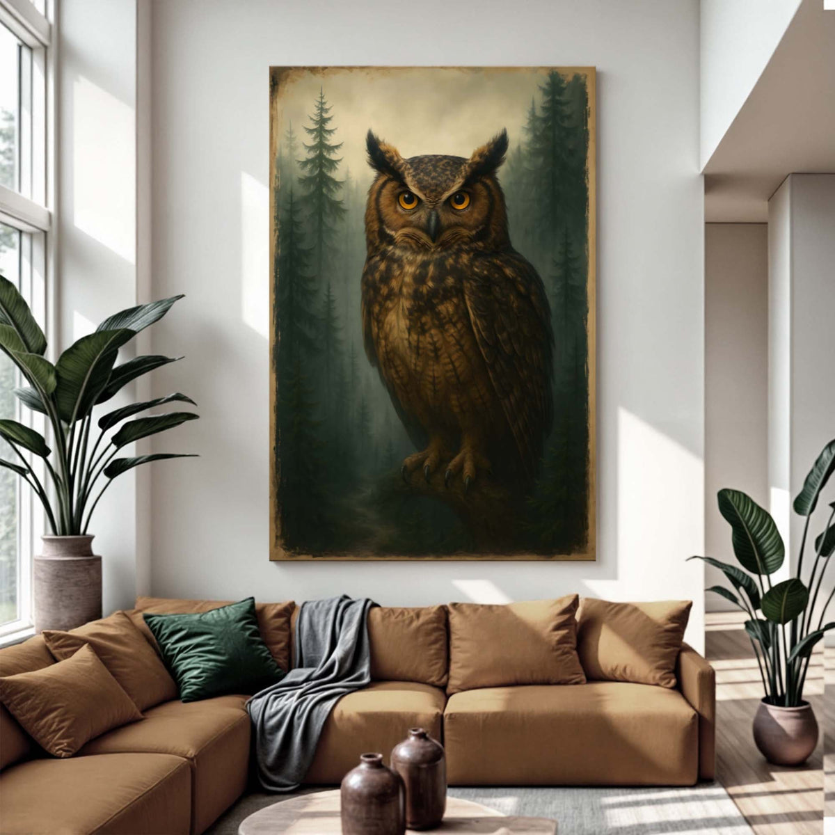 Owl portrait canvas displayed in a brown sofa.