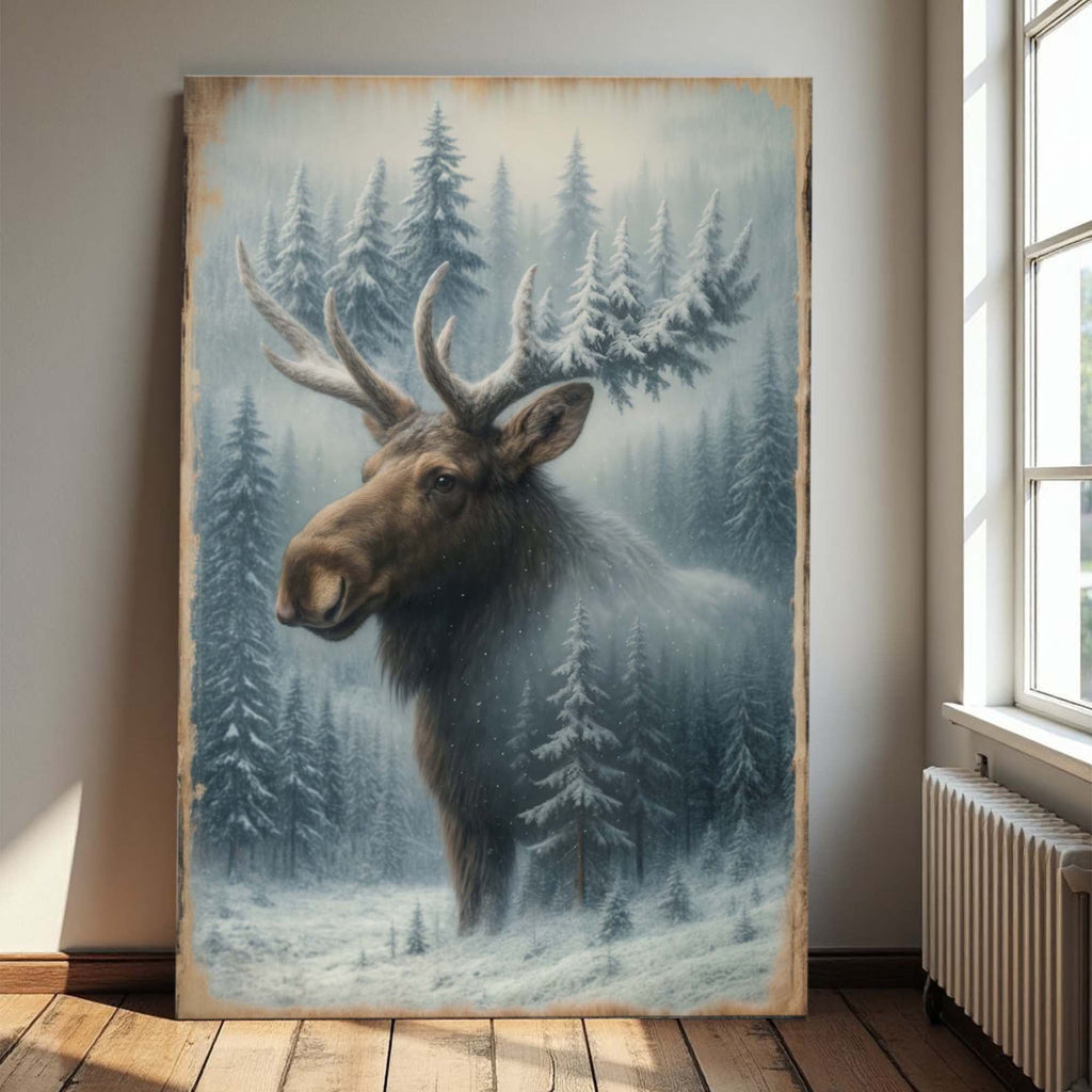 Snowy Forest Moose Double Exposure Wall Art