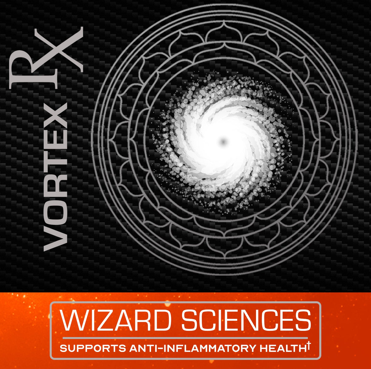 Vortex Rx label with white spiral and orange panel.