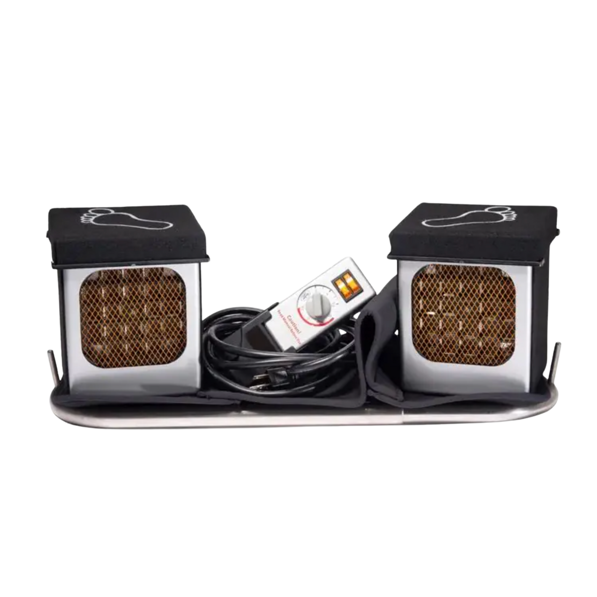 Two black heating units and accessories.